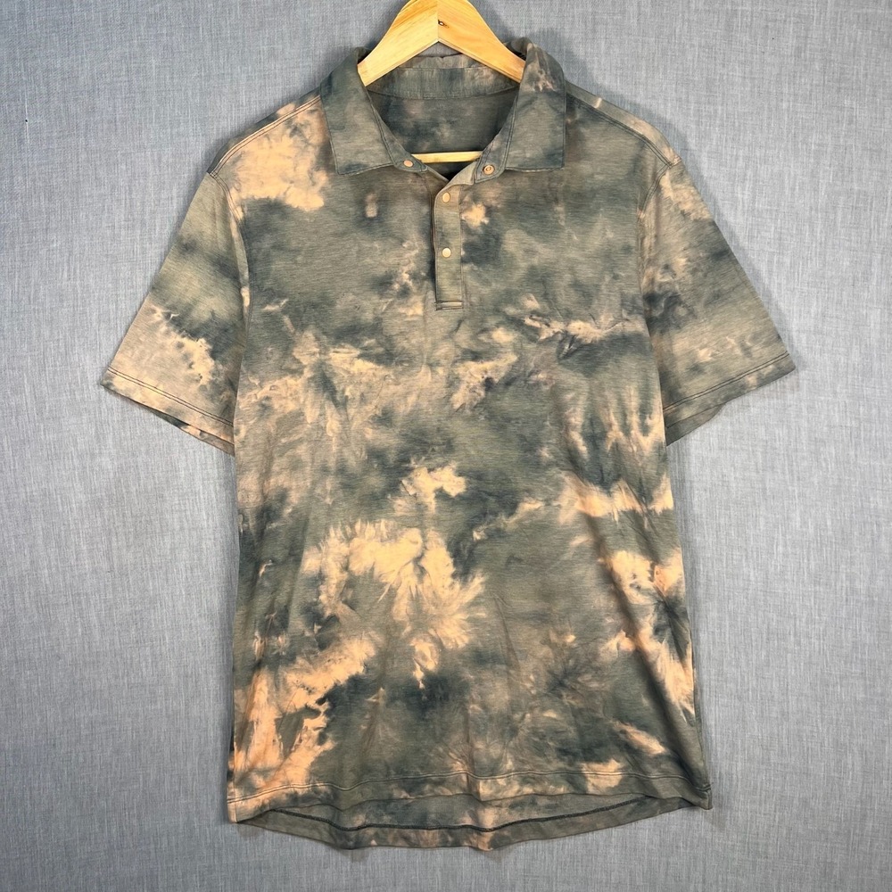 Lululemon Evolution Polo Shirt Men's Medium Brown Orange Tie Dye Short Sleeve
